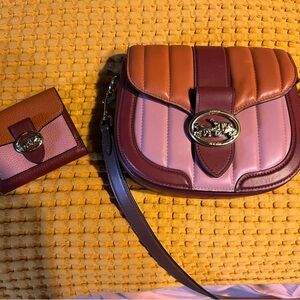 Coach Pink and Brown Crossbody Bag with Saddle Design
